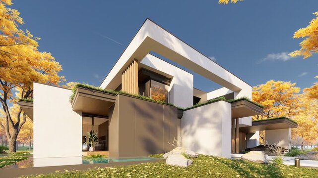 3D architectural rendering and camera movement of a contemporary cubic villa exterior during fall season. Minimalist residential architecture with large glass windows colorful foliage under bright day