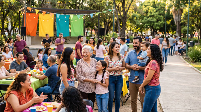 Hispanic family gathering in a park with colorful decorations and joyful celebration