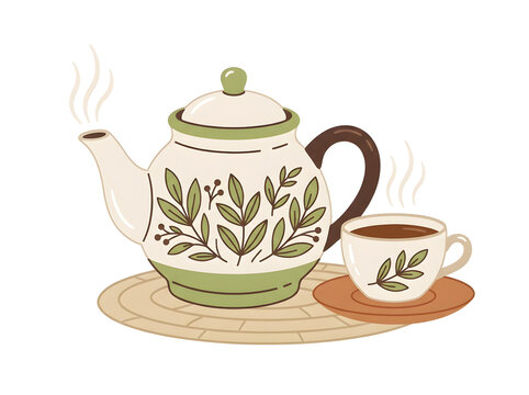 Tea set with leaf motif vector, cozy ceramic teapot and teacup illustration
