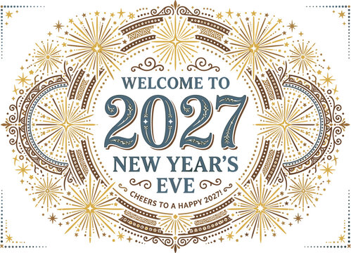 Ornate Welcome to 2027 New Years Eve vector illustration card with vintage gold fireworks frame on white background
