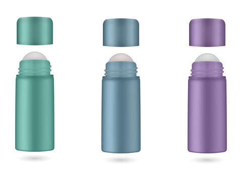Three colorful deodorant sticks with caps removed on transparent background