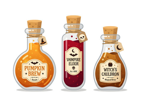Three potion bottles with liquid vector, halloween magic elixir glass jars