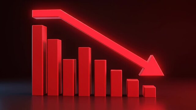 Red bar graph with downward arrow showing financial decline during dark lighting with cinematic motion