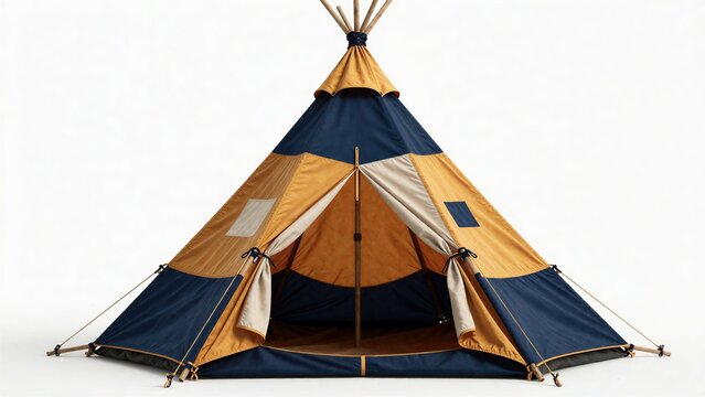 Colorful teepee tent with navy and yellow panels isolated on white background, camping shelter concept, 3D render style for travel design