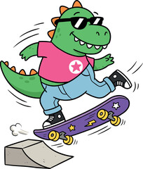 Cute cartoon dinosaur character vector illustration riding skateboard on ramp with sunglasses isolated on white background © Hachhada