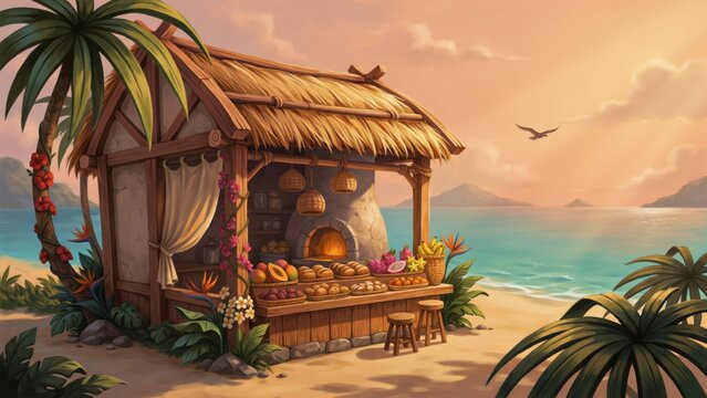 Tropical beach fruit stand at sunset with fresh exotic food products