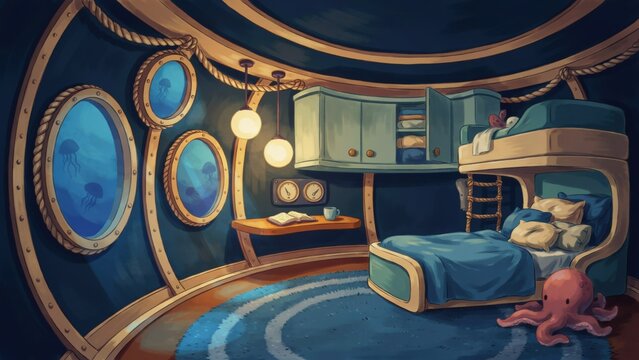 Whimsical submarine bedroom interior with round portholes and a cozy bunk bed design