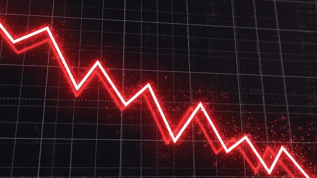 Red financial graph falling downwards with grid background during economic downturn motion graphic
