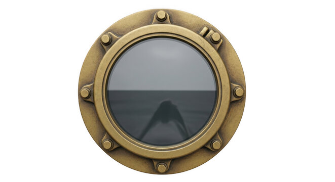 Steampunk Porthole with brass frame reflecting a calm sea during daytime isolated on transparent background