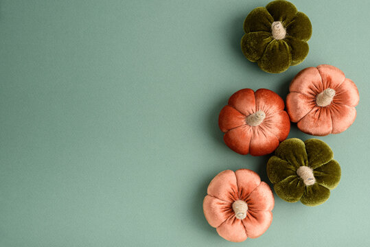 Five decorative velvet pumpkins arranged on a soft teal backdrop composition for autumn