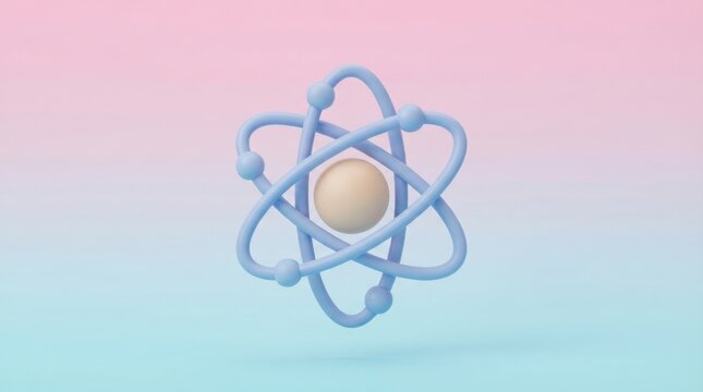3D render of an atom symbol with pastel blue orbits and a soft beige nucleus isolated on a gradient