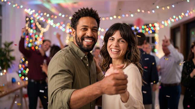 Happy smiling multicultural young couple holding hands and dancing at indoor New Year house party with colorful garland lights, perfect for seasonal corporate and festive social promos.