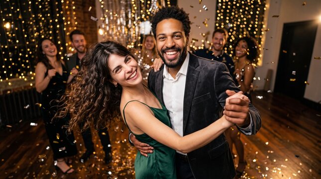 Happy multiethnic young couple dancing at New Year party with falling gold confetti. Cheerful woman and man enjoying romantic holiday night celebration event background and marketing visual.