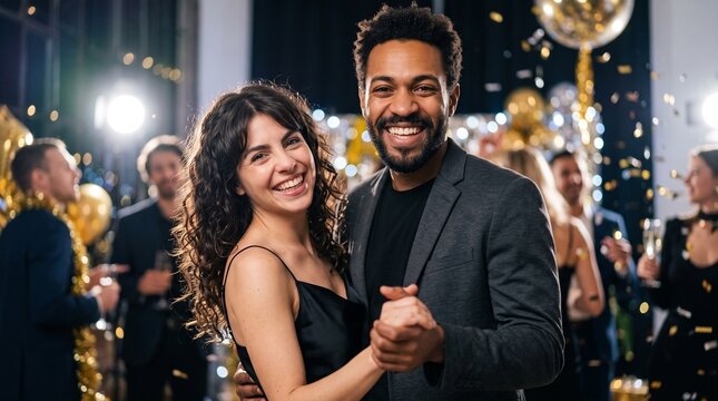Cheerful multiracial couple dancing together at New Year corporate party with falling confetti and festive lights, ideal for holiday romance advertising, event promo and celebration design.