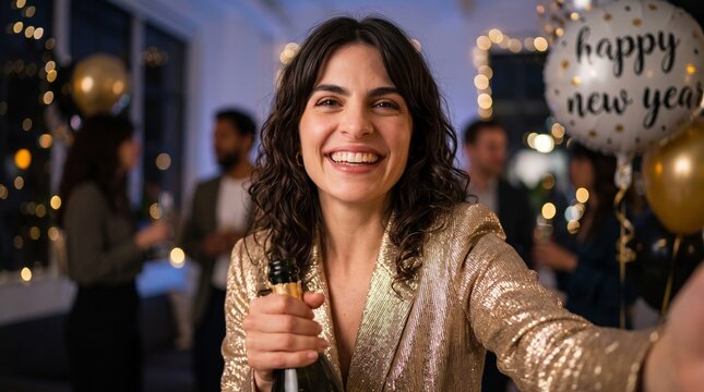 Ecstatic curly woman holding champagne bottle taking selfie at new year party for luxury holiday promotion, nightlife beverage advertisement and seasonal event marketing web banner background.