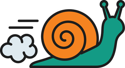 Cartoon illustration of a fast green snail with an orange shell leaving a dust cloud behind © Uzzal