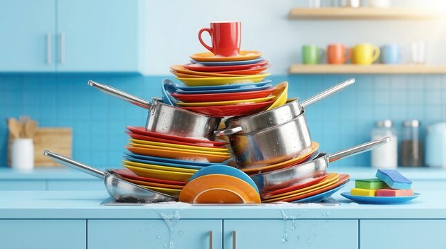 Dirty dishes piled high in kitchen sink featuring a messy stack of colorful plates, pots, and pans.