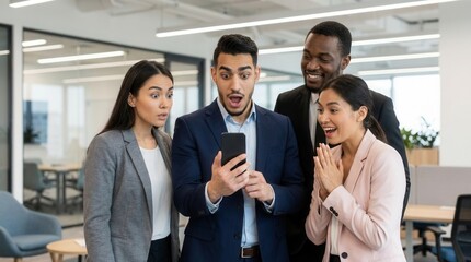 Obraz premium Corporate colleagues showing shocked and excited facial expressions while looking at mobile device screen.