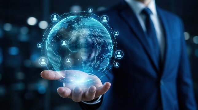 Global network and service evaluation icons illustrating a customer experience survey concept.