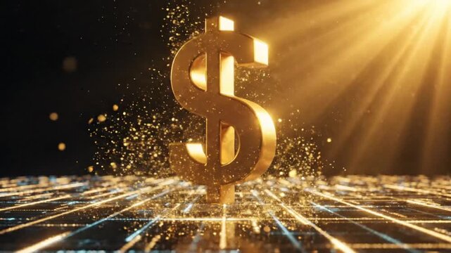 Golden dollar sign symbol standing on a glowing digital circuit board background with particles