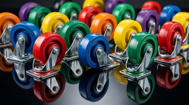 Colorful caster wheels arranged neatly on reflective dark surface