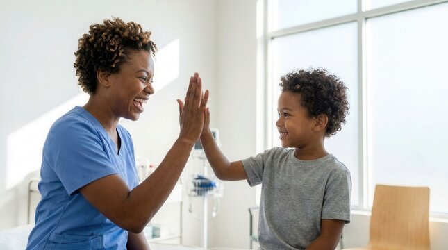 Happy little boy patient and smiling black female doctor sharing a high five in a bright medical clinic room.