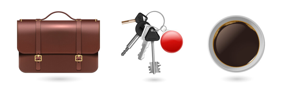 Morning office routine with briefcase keys and coffee on transparent background