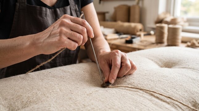 Upholsterer sewing a button on a fabric cushion in a professional furniture workshop