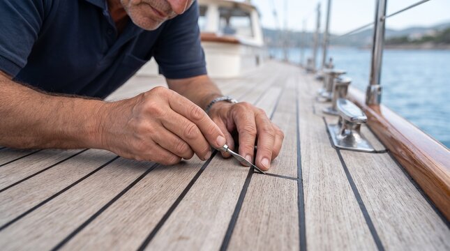 Senior man repairing teak deck of a luxury sailboat during maintenance work at sea.