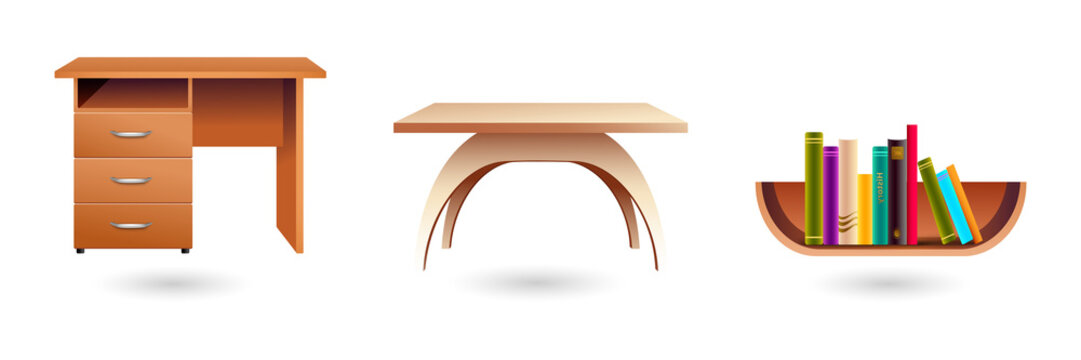 Modern furniture with desk, table, and bookshelf transparent background