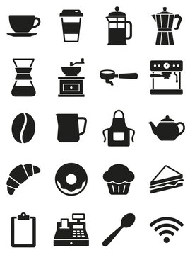 Coffee Shop Icons Set Black Vector Symbols Cafe Equipment And Bakery Food Icons