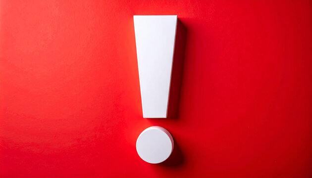White exclamation mark against red backdrop, modern minimalist aesthetic. Close-up.