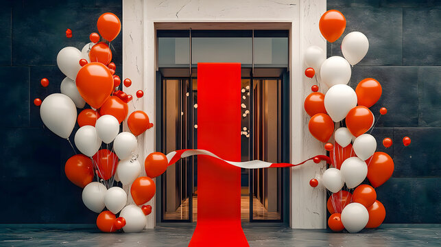 A dramatic grand opening venue featuring a red carpet leading through marble entrance doors, adorned with a festive ribbon and vibrant red and white balloon arches against dark walls