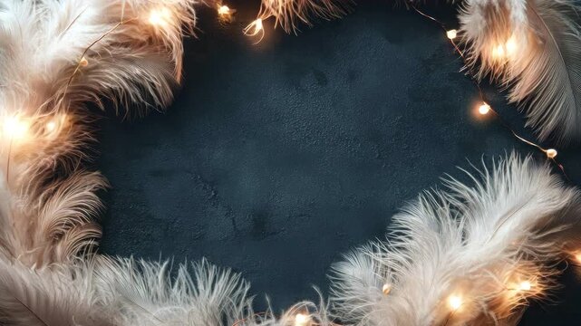 A dark stone-textured background, adorned along the edges with fluffy white feathers and a string of warm lights. Copy space. Design for greeting card, invitation, creative projects