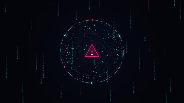 Digital warning triangle inside futuristic network data visualization design