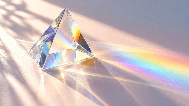 A clear glass prism refracts light into a vibrant rainbow spectrum. Sunlight creates intricate shadow patterns on the surface.