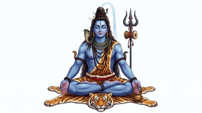  Full Body Lord Shiva on Tiger Skin - Meditative Pose with Damaru and Trishula