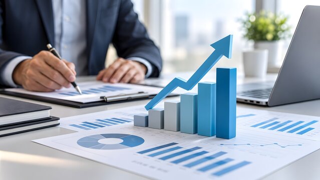 Businessman analyzing financial data with a 3D bar chart showing growth on office desk