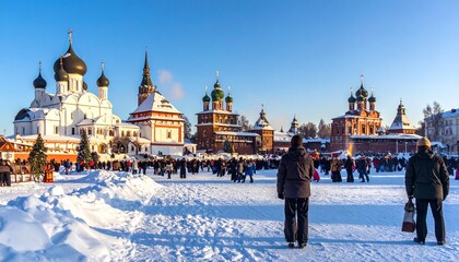 Obraz premium Stunning Winter View of Russian Orthodox Monastery with Snow Covered Grounds and Traditional Onion Domes under Blue Sky