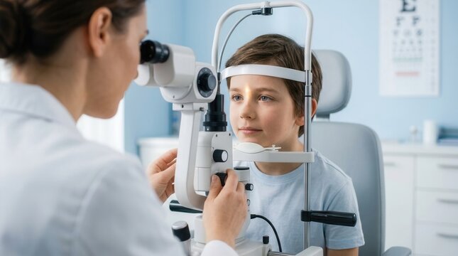 Using specialized medical equipment, an ophthalmologist performs a professional eye check up for a young boy.
