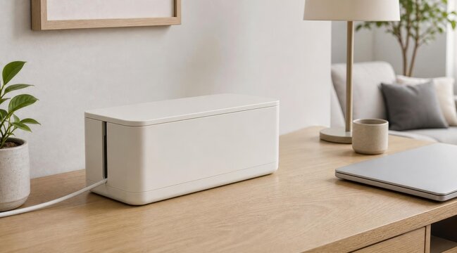 White plastic cable management box sitting on a wooden desk with a cord