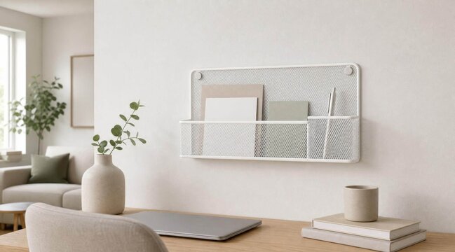 White wire mesh wall organizer hanging above modern office desk