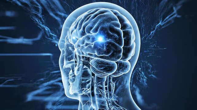 X-ray human head rotating showing neural activity in brain during digital data flow with blue glowing particles
