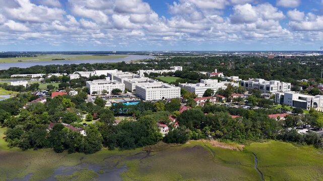Aerial footage of The Citadel Military College in Charleston South Carolina USA