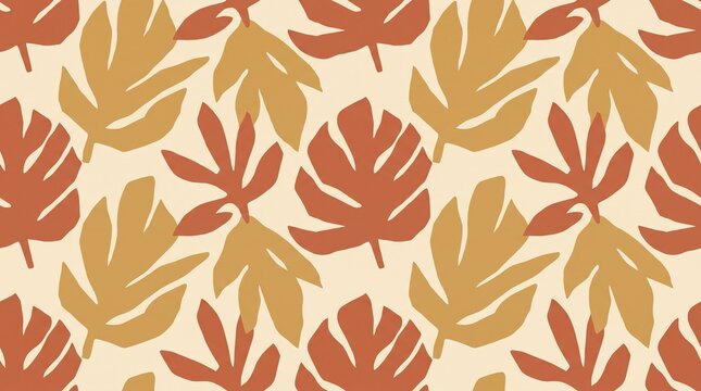 Abstract tropical leaves seamless pattern in warm autumn terracotta and mustard color palette