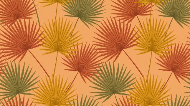Seamless vector pattern featuring colorful tropical palm leaves on a solid background