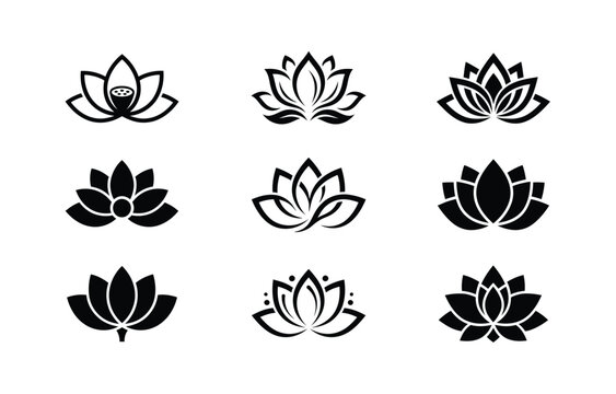 Set of nine black lotus flower icons arranged in a grid on a white background