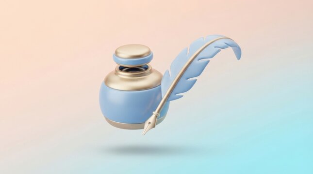 3D render of a blue inkwell with a matching feather quill pen on a soft gradient background