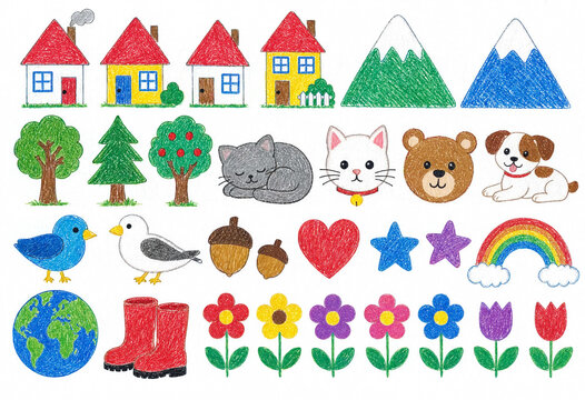 Crayon doodle sticker sheet with houses, animals, nature, and stars  