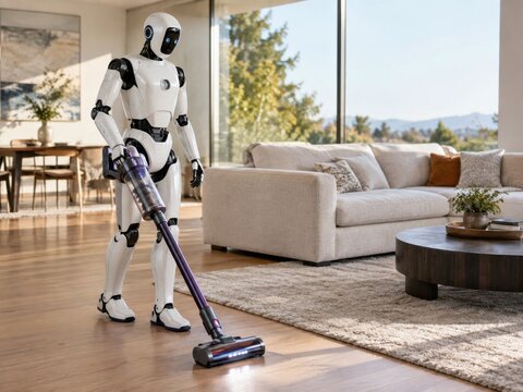 Humanoider Roboter saugt den Holzboden in einem modernen Wohnzimmer und veranschaulicht intelligente Haushaltshilfe, Automatisierung und komfortables Wohnen der Zukunft.